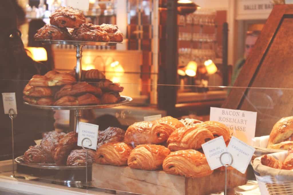 Bakery window with lots of breads.