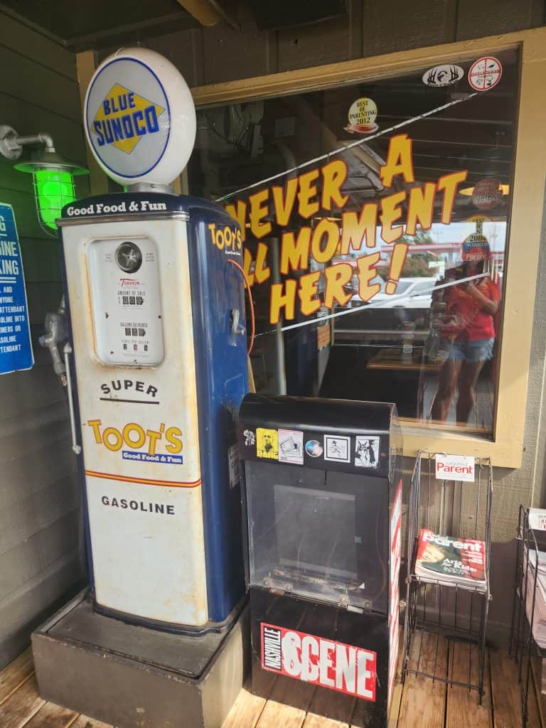 An old gas pump at the entrance of Toots Murfreesboro.