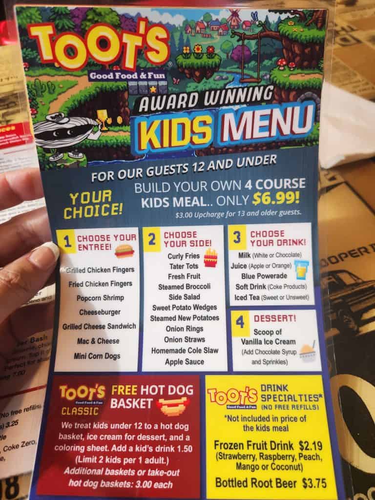 The kids menu at Toots Murfreesboro